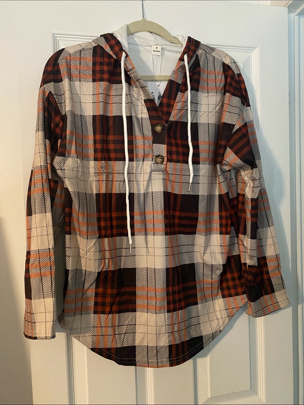 Umi Orange and Black Plaid Hooded Button-Up. Very Soft to the Touch.